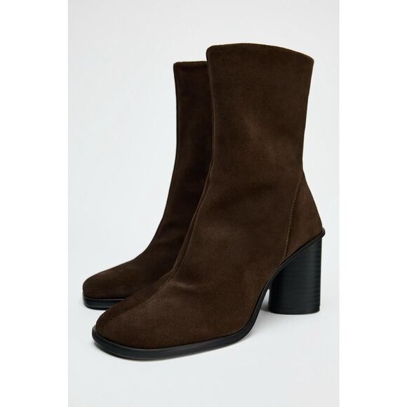 NEW Zara Brown Suede Ankle Boots Size US 6.5 Chunky Block Heel Fall Shoes - Picture 1 of 7